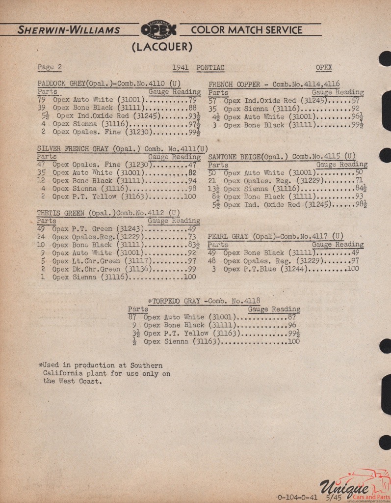 1941 Pontiac Paint Charts Williams 4